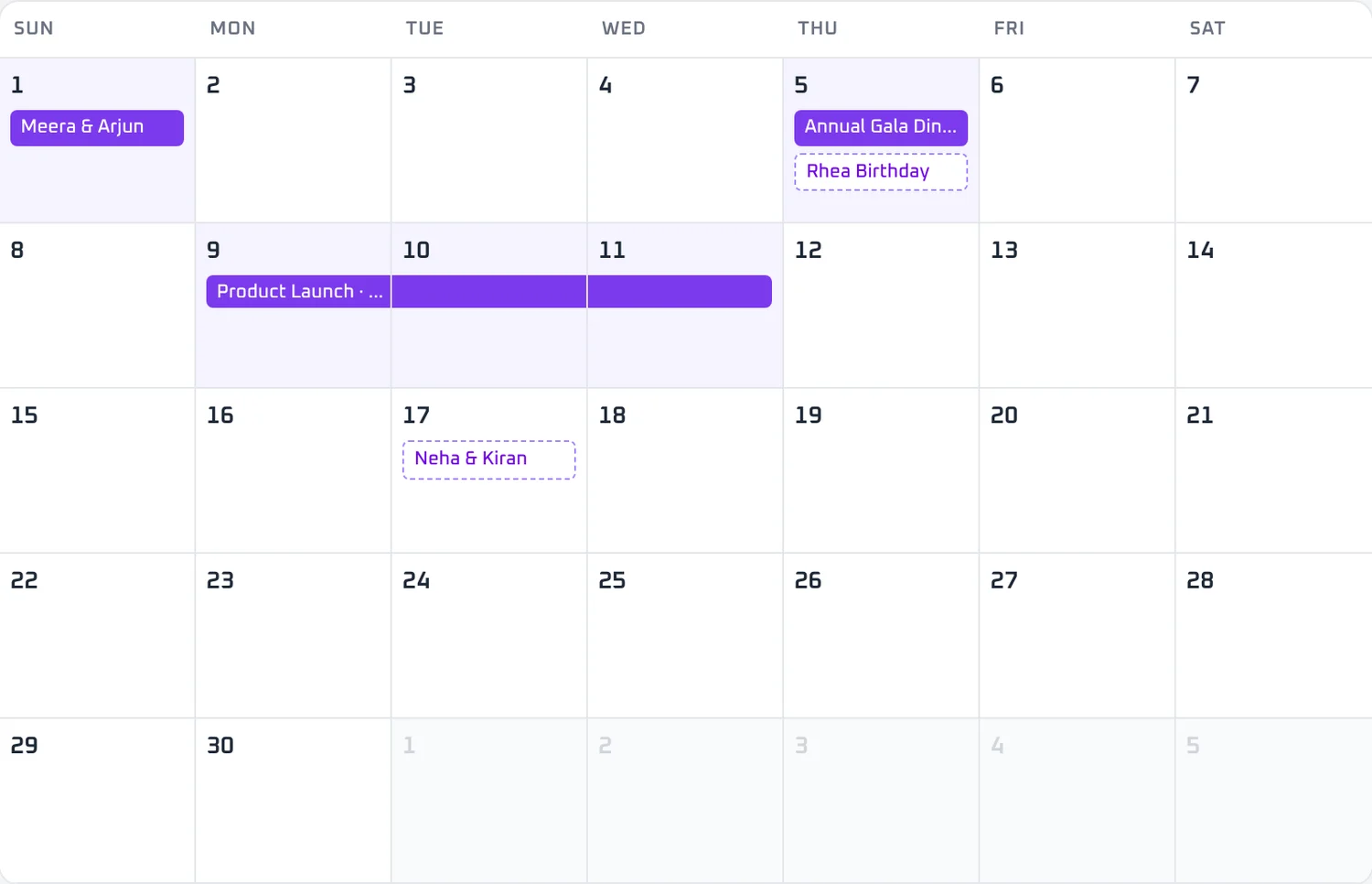 Calendar with several events a day and a multi-day event