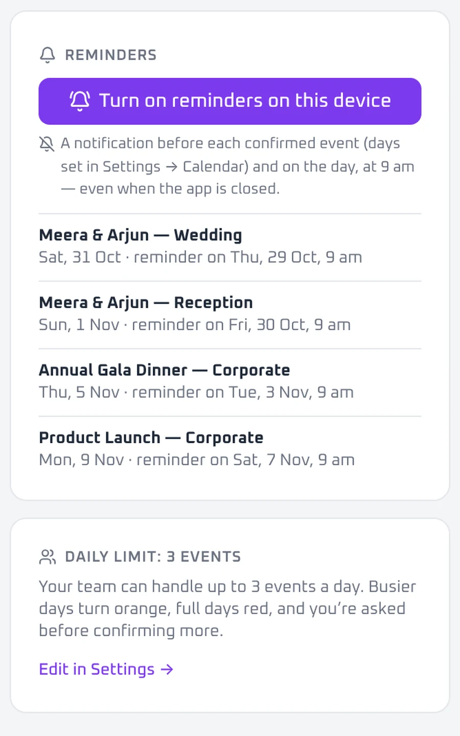Reminders panel on the calendar page