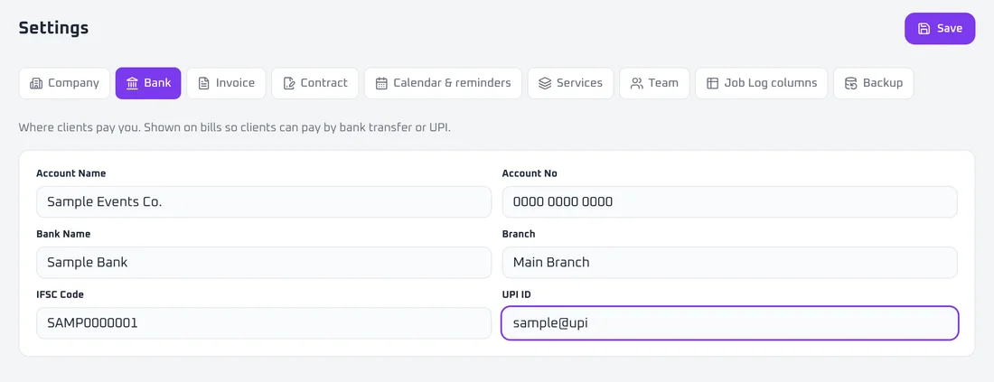 Bank tab in Settings
