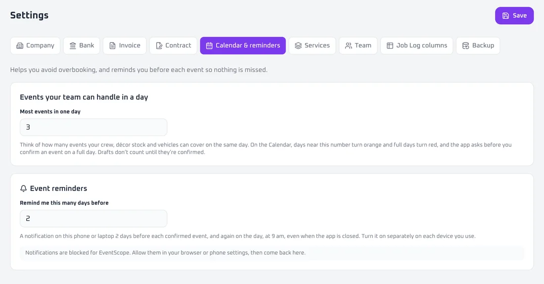 Calendar and reminders tab in Settings