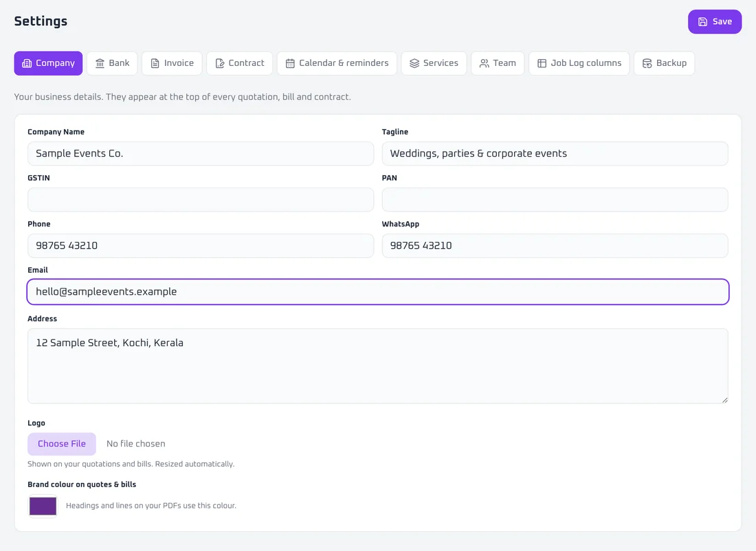 Company tab in Settings