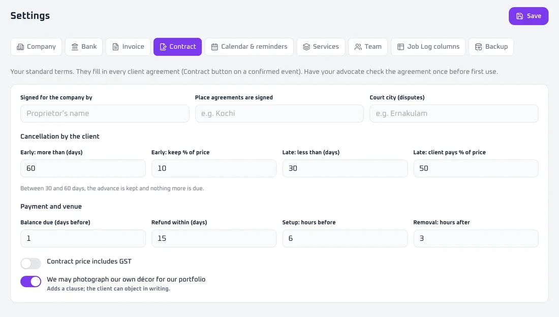 Contract tab in Settings