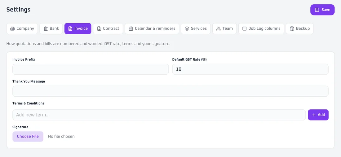 Invoice tab in Settings