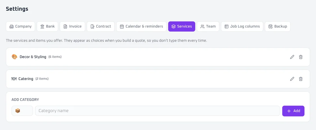Services tab in Settings