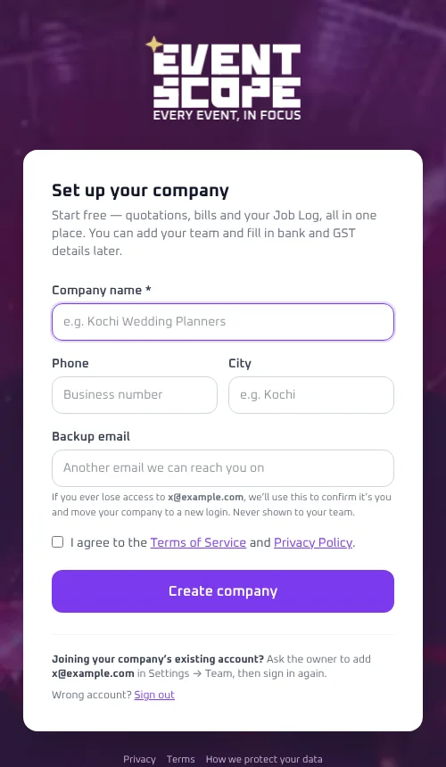 Set up your company screen